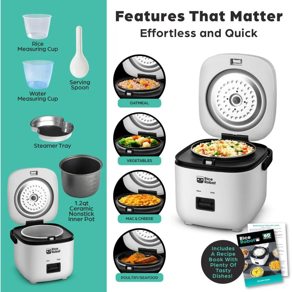 Rice Robot Personal Rice Cooker, PFAS-free, Nonstick. 1 Quart Capacity, with Stainless Steel Steamer Tray, Measuring Cups