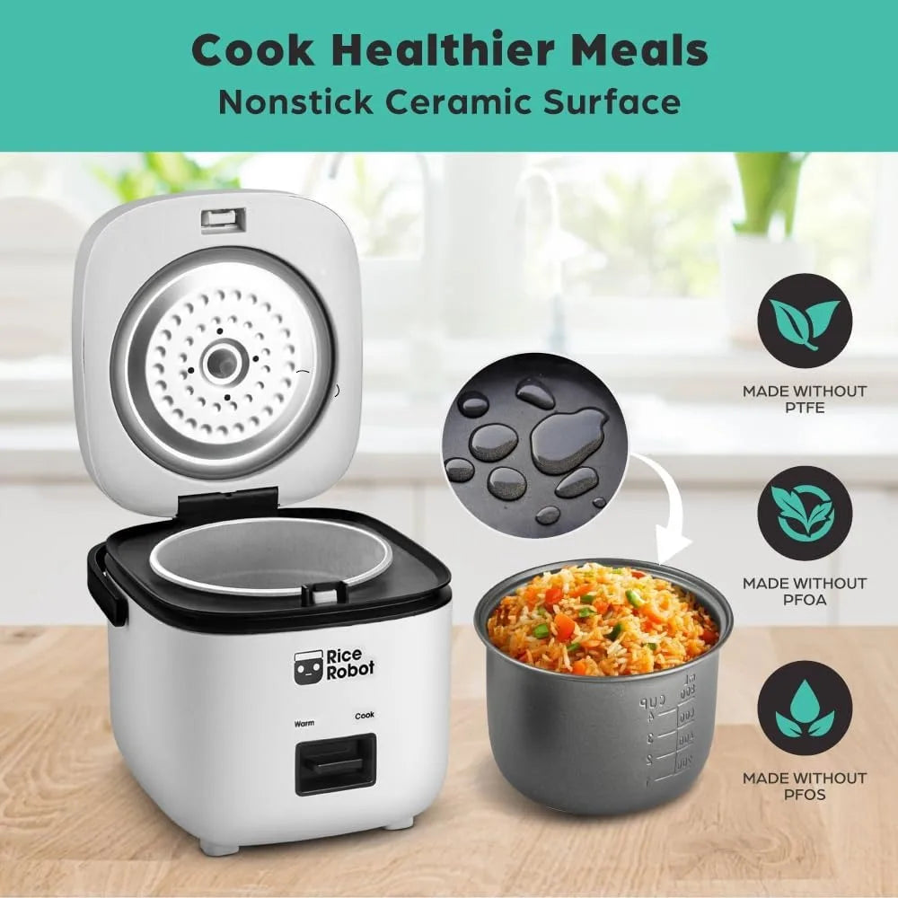 Rice Robot Personal Rice Cooker, PFAS-free, Nonstick. 1 Quart Capacity, with Stainless Steel Steamer Tray, Measuring Cups